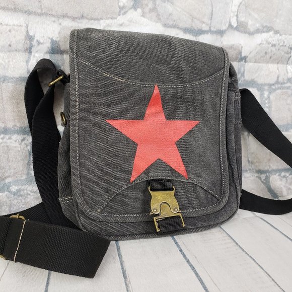 Vintage 90s Canvas Crossbody Bag Red Star Gray - Picture 2 of 13
